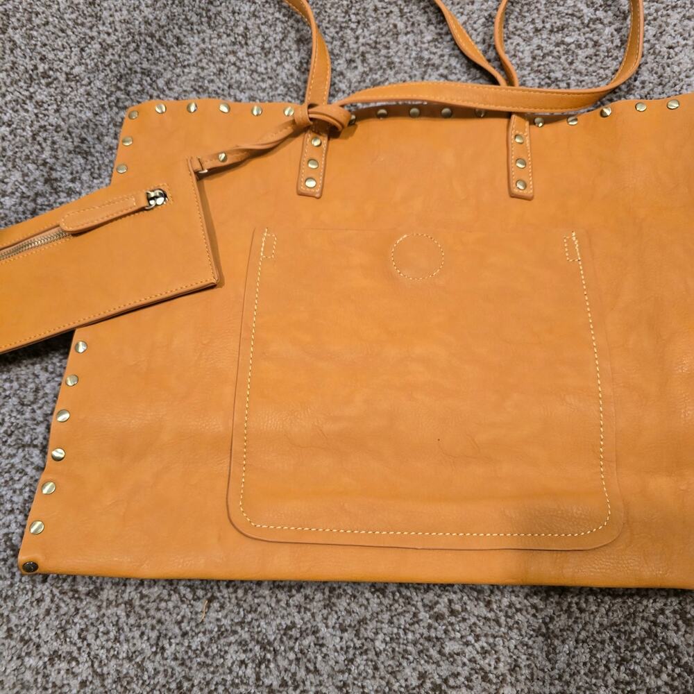 Large Tan Faux Leather Tote Bag with Wristlet - Picture 3 of 6